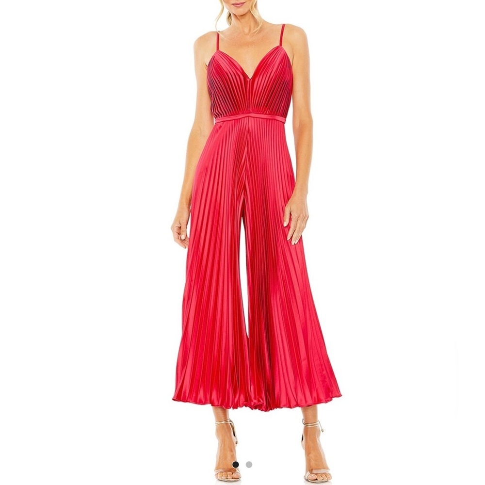 IEENA for Mac Duggal Red Pleated Plunge Neck Wide Leg Jumpsuit NEW